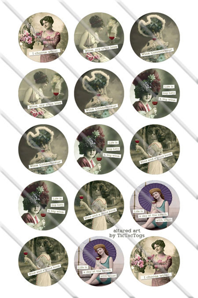 Vintage Wine and Women Sayings Bottle Cap Digital Altered Art Collage Set 1 Inch Circle 4x6 Instant Download BC567 image 2