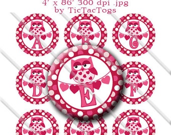 Valentine Owl Bottle Cap Images Inch Circle 4x6 Digital Alphabet Alpha Pink Red Hearts - Instant Download - BC550