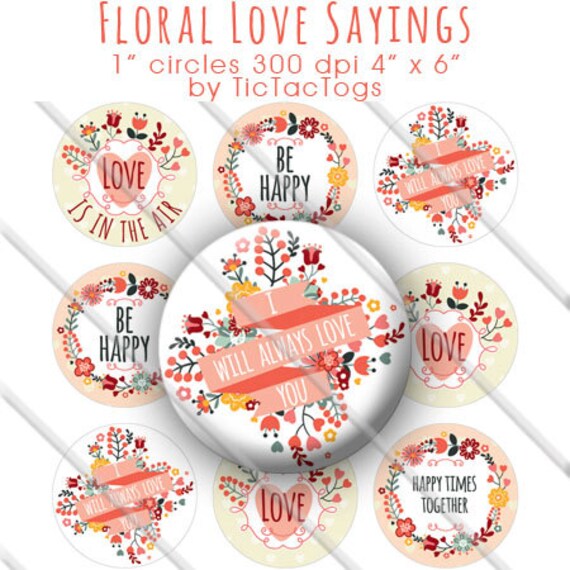 Glückliche Liebe Floral Gesetzt Sprüche Bottle Cap Bunte Digital Art Collage 1 Zoll Kreis 4 X 6 Sofort Download Bc533