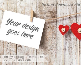 Valentine Hearat Clothesline Mockup - Card Invitation Mockup | Valentine Template - 5x7 Insert Photo Card Wood - Instant Download