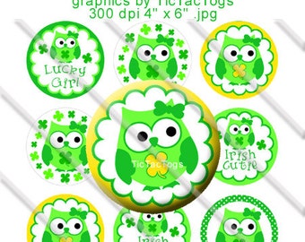 St Patricks Day Owl Sayings Bottle Cap Images Set 1 Inch Circle 4x6 Digital Green Clover Shamrock - Instant Download - BC429