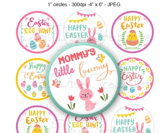 Easter Bunny Doodles Bottle Cap Images 1 Inch Circles, Chick Egg Rabbit Digital JPG - Instant Download - BC1162