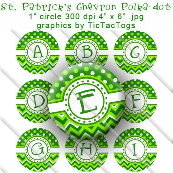 St Patricks Day Chevron Polka dot Bottle Cap Images Digital 1 Inch Circle Alphabet Alpha Digi - Instant Download - BC453