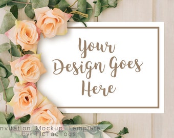 Card Mockup - Peach Rose Invitation Mockup Template - 5x7 Insert Photo Card Wood - Instant Download