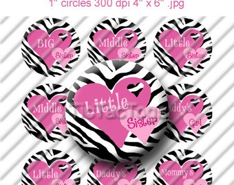 Zebra Heart Big Middle Little Sister Sayings Bottle Cap Images Set 1 Inch Circle 4x6 Digital - Instant Download - BC197