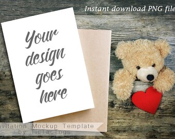 Valentine Bear Heart Mockup - Rustic Wood Teddy Card Invitation Mockup | Valentine Template - 5x7 Insert Photo Card Wood - Instant Download