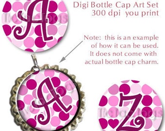 Valentine Pink Polka dot Bottle Cap Digital Images Set 1 Inch Circle Alphabet Alpha A-Z Images 4X6 - Instant Download - BC263