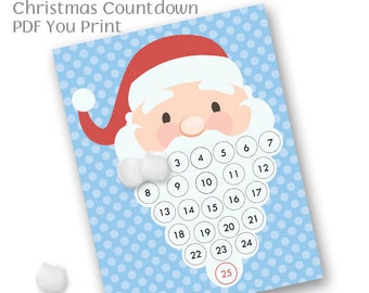 Santa Christmas Countdown Advent Calendar Cotton Ball Beard PDF Digital -Instant Download