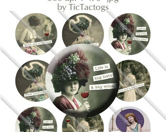 Vintage Wine and Women Sayings Bottle Cap Digital Altered Art Collage Set 1 Inch Circle 4x6 - Instant Download - BC567