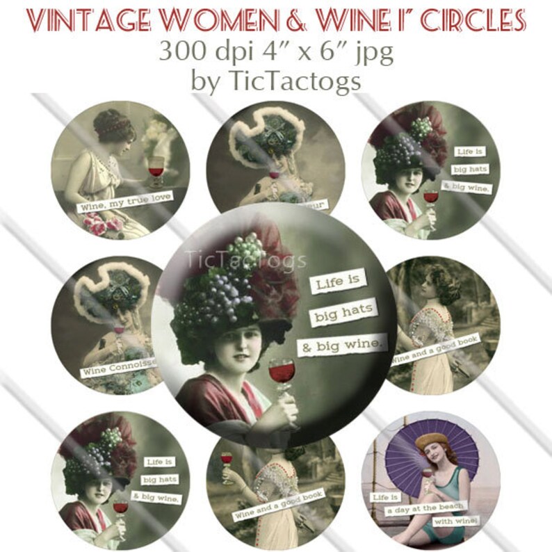 Vintage Wine and Women Sayings Bottle Cap Digital Altered Art Collage Set 1 Inch Circle 4x6 Instant Download BC567 image 1
