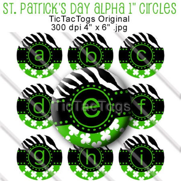 Wild St. Patricks Day Zebra Shamrock Bottle Cap Digital Images Set 1 Inch Circle Alphabet Alpha A-Z Images - Instant Download - BC428