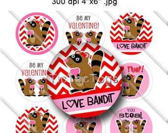 Valentine Raccoon Bottle Cap Collage Digital Set 1 Inch Circle 4x6 JPEG - Instant Download - BC335