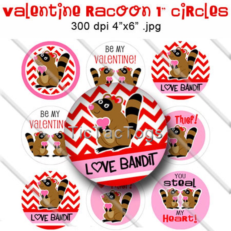 Valentine Raccoon Bottle Cap Collage Digital Set 1 Inch Circle 4x6 JPEG Instant Download BC335 image 1