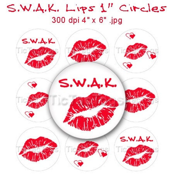 Valentine S.W.A.K. Kiss Lips Heart Bottle Cap Digital Set 1 Inch Circle 4X6 - Instant Download - BC383