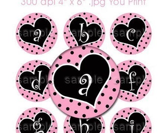 Pink Paris Polka-dot Heart Alphabet Bottle Cap Digital Art Collage Set 1 Inch Circle A-Z Digi Round 4x6 - Instant Download - BC359