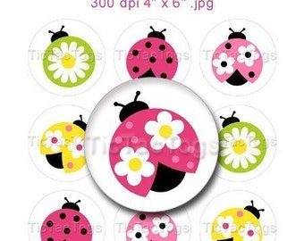 Pretty Lady Ladybug Pink Flower Bottle Cap Images Art Collage 1 Inch Circles  4x6 - Instant Download - BC148