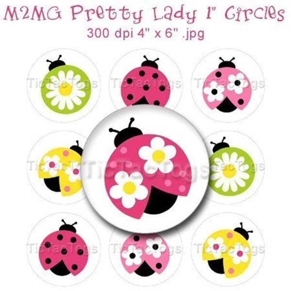 Pretty Lady Ladybug Pink Flower Bottle Cap Images Art Collage 1 Inch Circles  4x6 - Instant Download - BC148