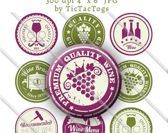 Wine Badge Sayings Bottle Cap Digital Art Collage Set 1 Inch Circle Stickers Burgundy and Green 4x6 - Instant Download - BC571