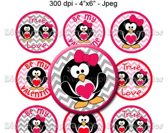 Valentine's Day Penguin Bottle Cap Images, 1 Inch Circles Digital JPG - Instant Download - BC1136