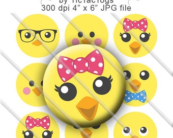 Cute Easter Chick Face Bottle Cap Images Digital 1 Inch Circle Hair Bow Digi 4x6 - Instant Download - BC589