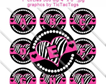 Pink Black White Polka dot Heart Alphabet Bottle Cap Images Digital Collage 1 Inch A-Z Digi - Instant Download - BC265