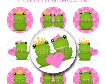 Prince Charming Pink Heart Frog Bottle Cap Images Digital Set 1 Inch Circle You Print - Instant Download - BC384