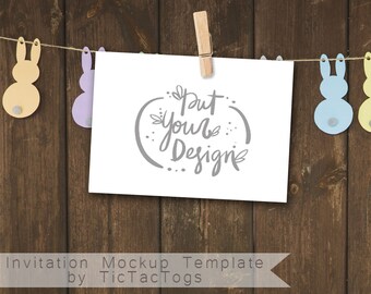 Easter Bunny Clothes Pin Garland Invitation Mockup - Wood Invitation Mockup Template - 5x7 Insert Photo Card Rustic - Instant Download