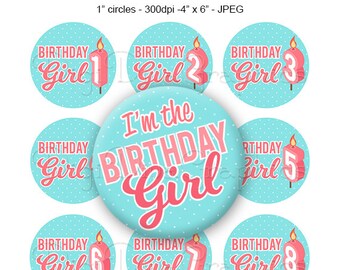 Birthday Girl Candles Bottle Cap Images, 1 Inch Circles Digital JPG - Instant Download - BC1125