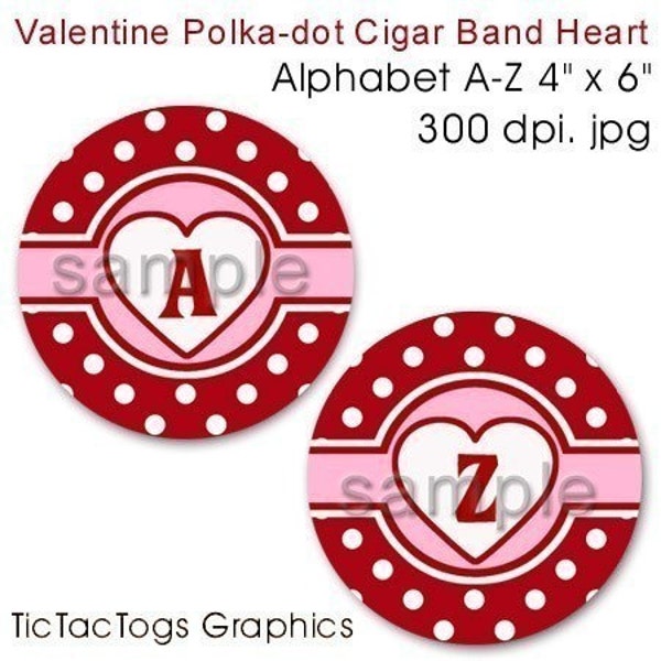 Heart Love Cigar Band Polka dot Alphabet Bottle Cap Images Digital 1 Inch Circle Heart Valentine's Day - Instant Download - BC321