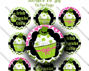 St Patricks Cupcake Chevron Polka dot Bottle Cap Collage Image 1 Inch Circle Irish Cutie 4x6 JPEG - Instant Download - BC311