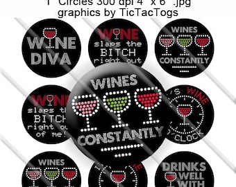 Wine Bling Sayings Bottle Cap Images Set 1 Inch Circle 4x6 Digital Diva - Instant Download - BC461