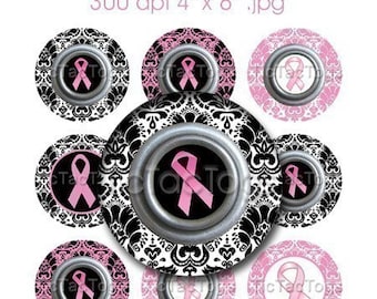 Damask Breast Cancer Awareness Bottle Cap Images Digital Set 1 Inch Circle Pink Ribbon 4x6 - Instant Download - BC345