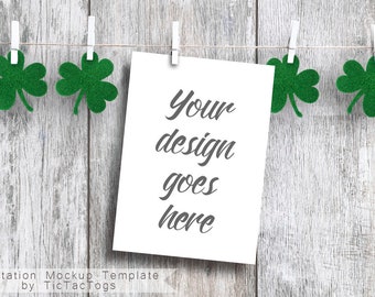 St Patricks Shamrock Clothesline Mockup - Wood Card Invitation Mockup | Valentine Template - 5x7 Insert Photo Card Wood - Instant Download