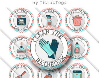 Printable Cleaning Chore Chart Behavior Reward Boys and Girls Bottle Cap Images 1 Inch Circles Collage 4 x 6 - Instant Download BC547