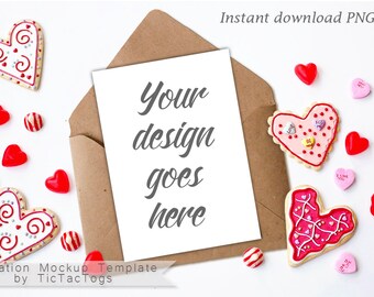 Valentine Cookie Candy Mockup - Heart Card Invitation Mockup | Valentine Template - 5x7 Insert Photo Card Wood - Instant Download