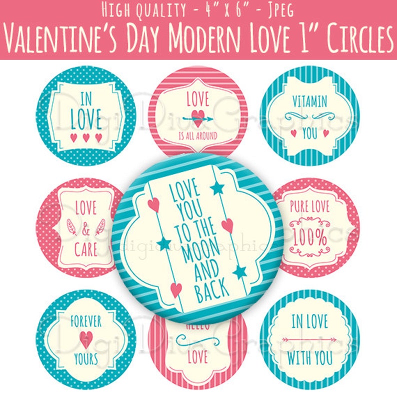 Modern Love Bottle Cap Images 1 Inch Circles Digital JPG Instant Download BC1058 image 1