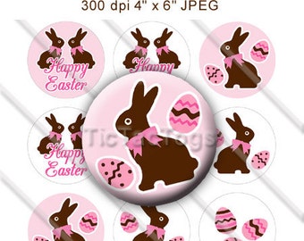 Chocolate Easter Bunny Eggs Bottle Cap Digital Set 1 Inch Circle Pink Brown JPEG - Instant Download -  BC439