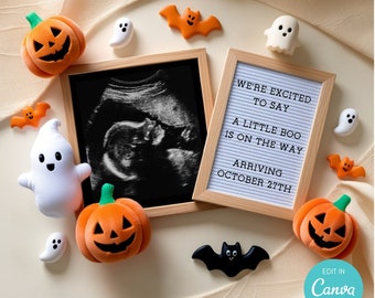 May include: A white letter board with the text "We're excited to say a little boo is on the way arriving October 27th". The letter board is surrounded by Halloween-themed decorations, including pumpkins, ghosts, and bats.
