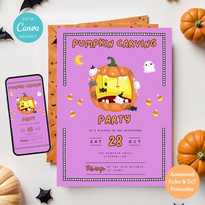 Invito per festa di Halloween con zucca intagliata MODIFICABILE Invito per festa di Halloween con zucca intagliata animata Invito per festa di Halloween con testo stampabile Invito CP01