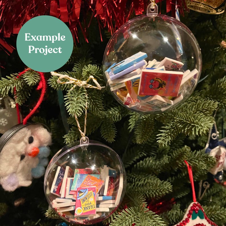 Example project featuring two clear ornaments with mini books inside, foam in between book covers, Printable Dollhouse Christmas Books Vintage Little Golden Christmas Book 1:12 Scale Dollhouse Printable DIY Mini Books Christmas Decor