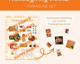 Thanksgiving Dinner Printable Dollhouse Miniatures, 1:12 Scale Food Décor Set, Mini Turkey, Pies, Plates & Festive Table Printables TG1