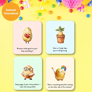 Etiquetas de apoyo emocional imprimibles de papas positivas, tarjetas amigurumi, exhibición para papas de crochet, etiquetas de papa, tarjeta de abrazo de bolsillo, PDF digital PP1