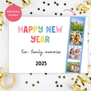 Kleurrijk gelukkig nieuwjaar 2025 fotokaart Modern minimalistisch ontwerp fotokaart Regenboog nieuwjaarskaart Bewerkbare fotokaart Familiefotokaart NY1