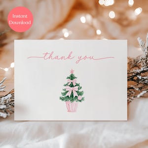 Tarjetas de agradecimiento navideñas con lazo rosa Tarjetas navideñas con lazo rosa en acuarela Papelería con lazo rosa Tarjeta de agradecimiento navideña PB03