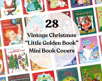 May include: A collage of 28 vintage Little Golden Book covers featuring Christmas themes. The covers feature illustrations of Santa Claus, Rudolph the Red-Nosed Reindeer, Frosty the Snowman, and other classic Christmas characters.