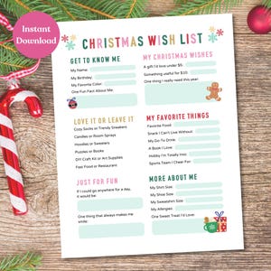 Christmas Wish List for Teens Printable Kid Weihnachtswunschliste Lieblings Dinge Liste für Teens Checklist Wichtel Fragebogen CW1
