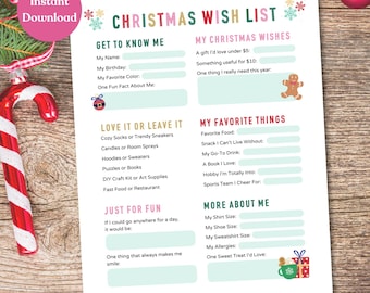 May include: Printable Christmas wish list with sections for getting to know someone, their favorite things, and more about them. The list is decorated with snowflakes and a gingerbread man.