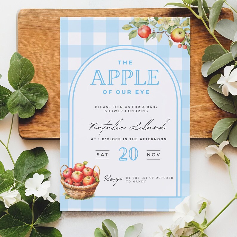 Apple of Our Eye Baby Shower Invitation Baby Boy Blue Gingham Editable