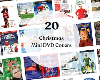 May include: A collage of 20 mini DVD covers featuring Christmas movies. The covers are arranged in a grid pattern and include titles such as "A Charlie Brown Christmas", "Home Alone", "Elf", "The Santa Clause", "Frosty the Snowman", and "Christmas Vacation".