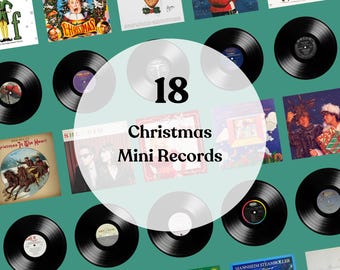 May include: A collection of 18 Christmas mini records, featuring album covers with festive themes and artists. The records are arranged on a teal background, with the text "Christmas Mini Records" and the number "18" in the center.